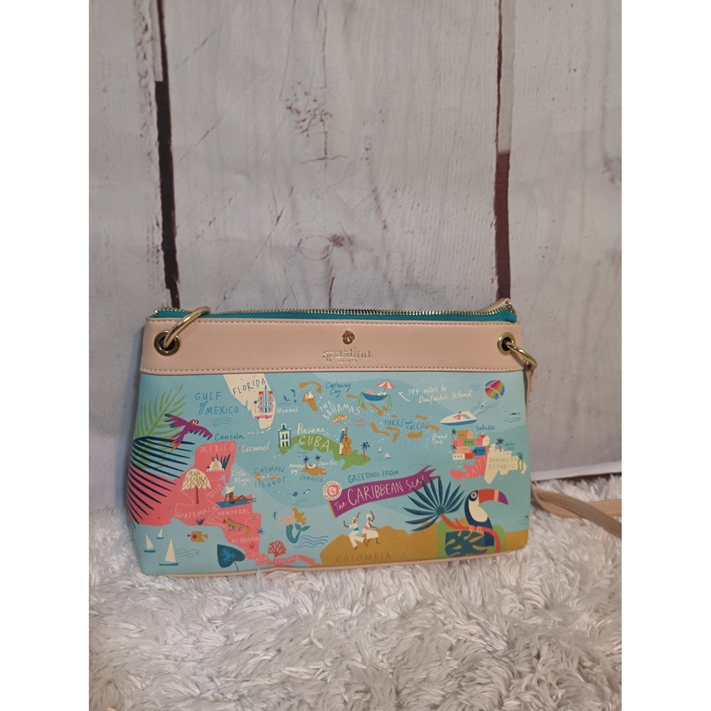 Spartina 449 Greetings from the Caribbean Sea Map Crossbody Bag Blue Tan Multi - Picture 11 of 11